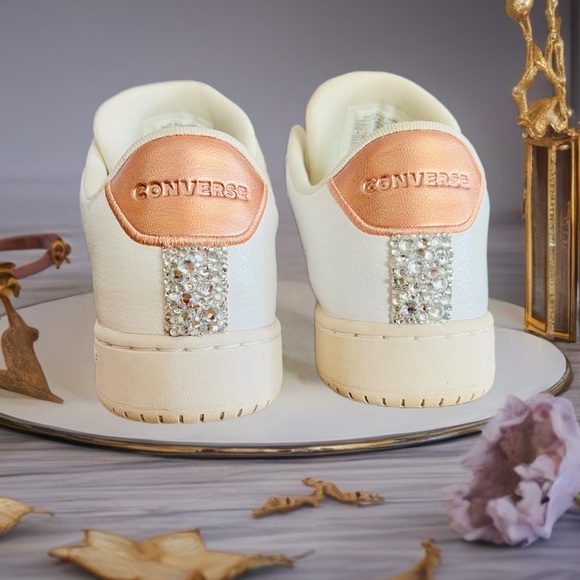 Converse Shoes - Upcycled Converse Rose Gold & White Sneakers with Custom Rhinestone Accents
